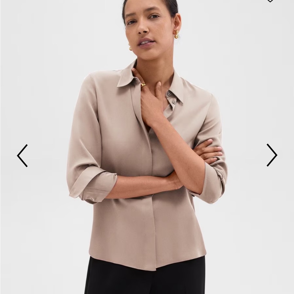 Theory Grey Gorgeous Silk Classic Fitted Collared Long Sleeve Blouse - S/M - Picture 2 of 16